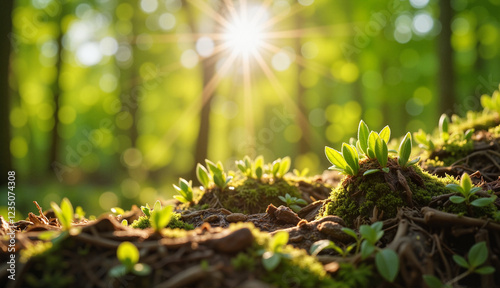 Tiny green buds sprouting in sunlight through forest, spring awakening