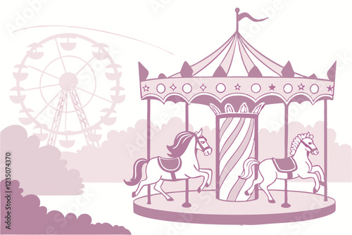 Watercolor carousel, pink and white, delicate pastel tones, whimsical, ethereal, dreamy, vintage style, soft edges, gentle details, star-topped, ribbons, horses, merry-go-round, nostalgic, childhood m