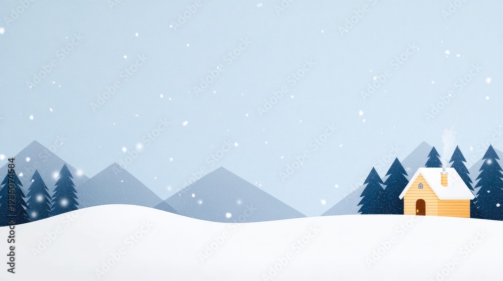 Naklejka premium Cozy Log Cabin in Snowy Winter Scene Against Serene Mountain Background in Light Blue Sky