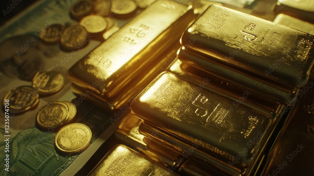 Shiny gold bars and coins stacked atop banknotes Shiny gold bars and coins stacked atop banknotes