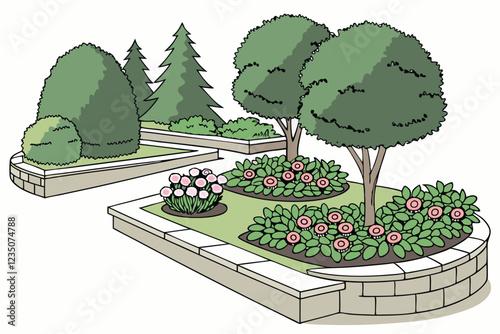  Garden design, ornamental shrubs, evergreen trees, colorful flower beds, topiary art, landscaping elements, perennial plants, texture variety, seasonal blooms, manicured lawns, botanical composition,