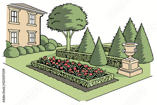  Garden design, ornamental shrubs, evergreen trees, colorful flower beds, topiary art, landscaping elements, perennial plants, texture variety, seasonal blooms, manicured lawns, botanical composition,