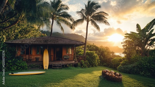 Surfboards resting near tropical bungalow at sunset in lush landscape