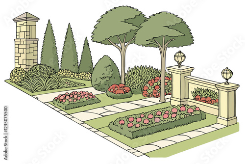  Garden design, ornamental shrubs, evergreen trees, colorful flower beds, topiary art, landscaping elements, perennial plants, texture variety, seasonal blooms, manicured lawns, botanical composition,