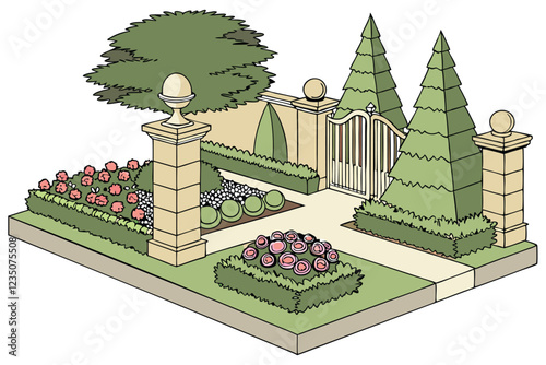 Garden design, ornamental shrubs, evergreen trees, colorful flower beds, topiary art, landscaping elements, perennial plants, texture variety, seasonal blooms, manicured lawns, botanical composition,