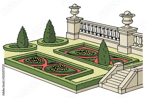 Ornate formal garden elements, topiary sculptures, manicured hedges, colorful flower beds, classical fountains, stone balustrades, cypress trees, spherical shrubs, lush landscaping, vibrant perennials