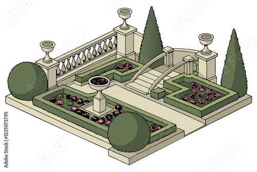 Ornate formal garden elements, topiary sculptures, manicured hedges, colorful flower beds, classical fountains, stone balustrades, cypress trees, spherical shrubs, lush landscaping, vibrant perennials