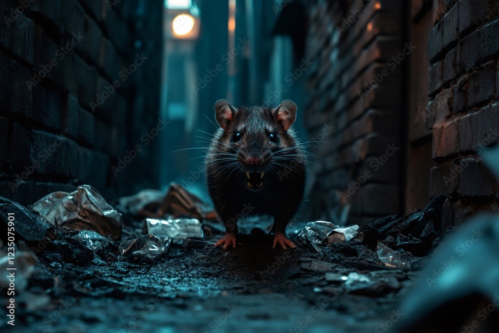 Aggressive rat showing teeth in dark alley at night Aggressive rat showing teeth in dark alley at night