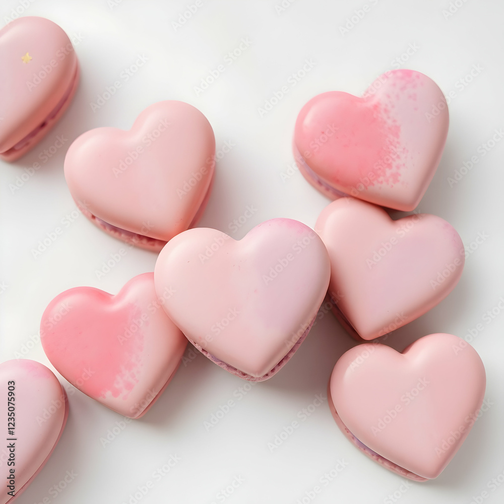 Heart shaped French macarons in blush pink and lavender with smooth cream filling and gold accents under dramatic lighting Heart shaped French macarons in blush pink and lavender with smooth cream filling and gold accents under dramatic lighting