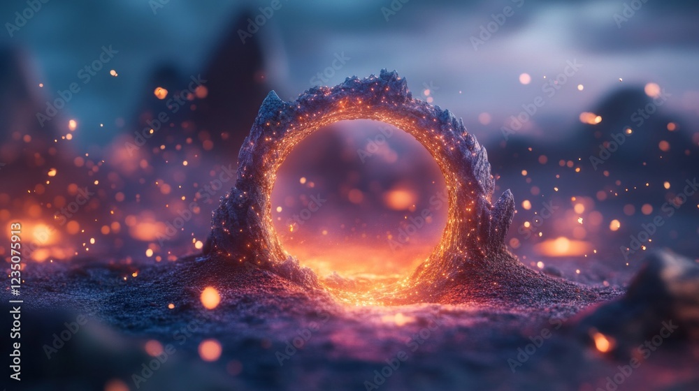 Glowing portal in a mystical, fiery landscape. Glowing portal in a mystical, fiery landscape.