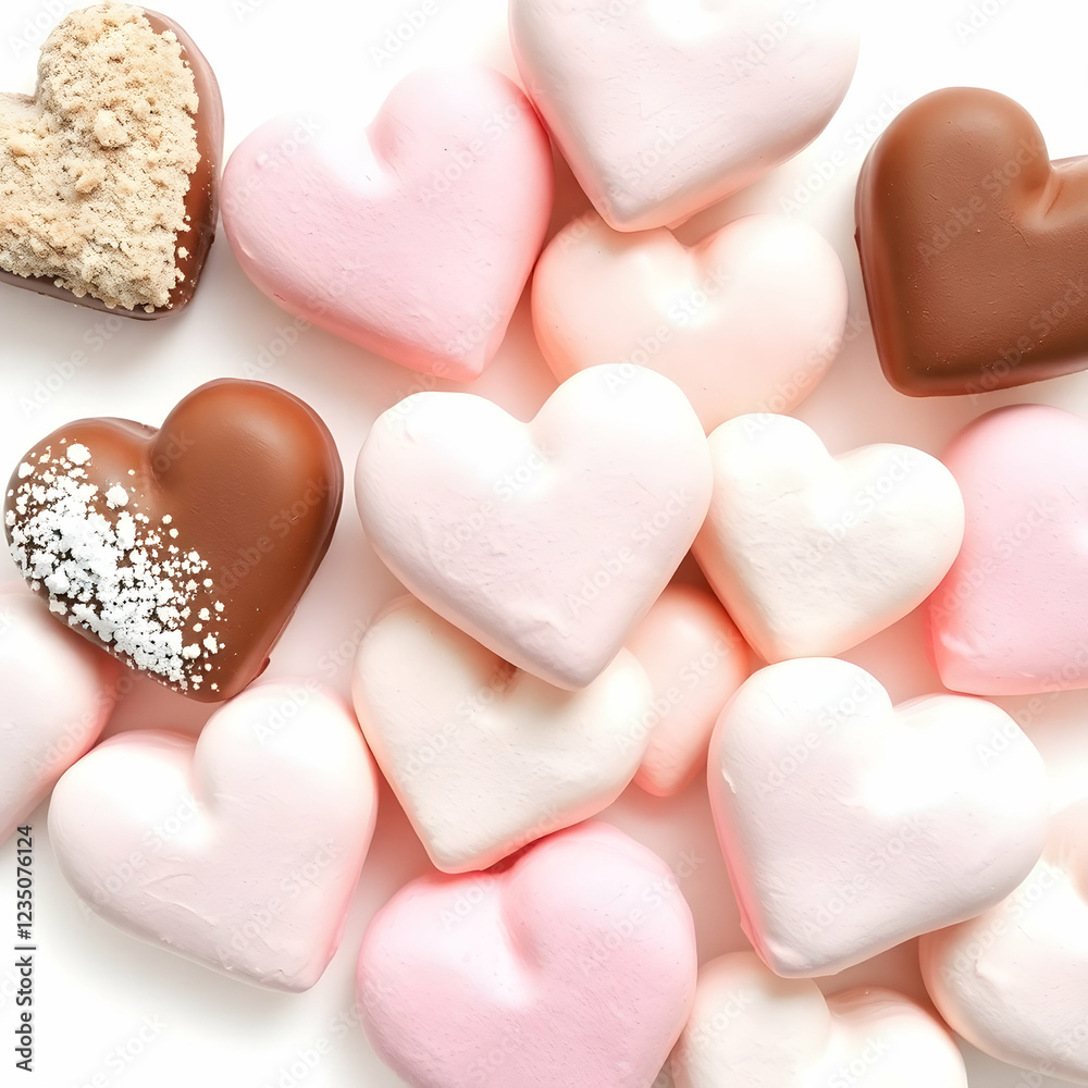 Fototapeta premium Fluffy heart shaped marshmallows arrangement in natural earth tones with pastel colors on a white background