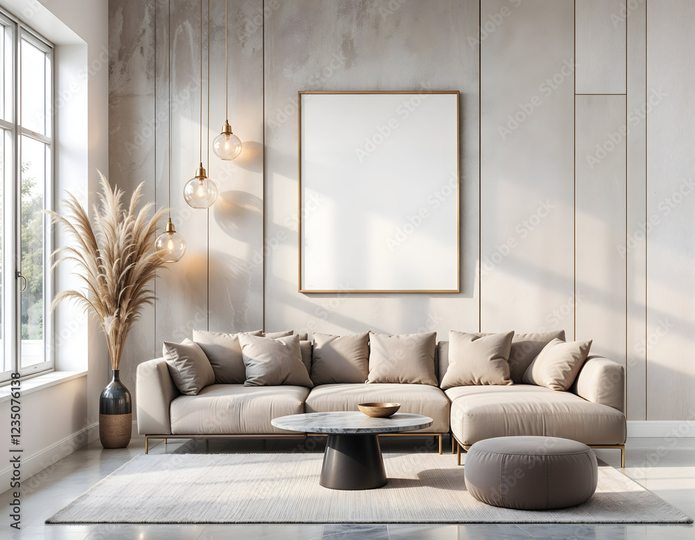 Fototapeta premium Modern Living Room with Triple Frame Mockup and Scandinavian Decor