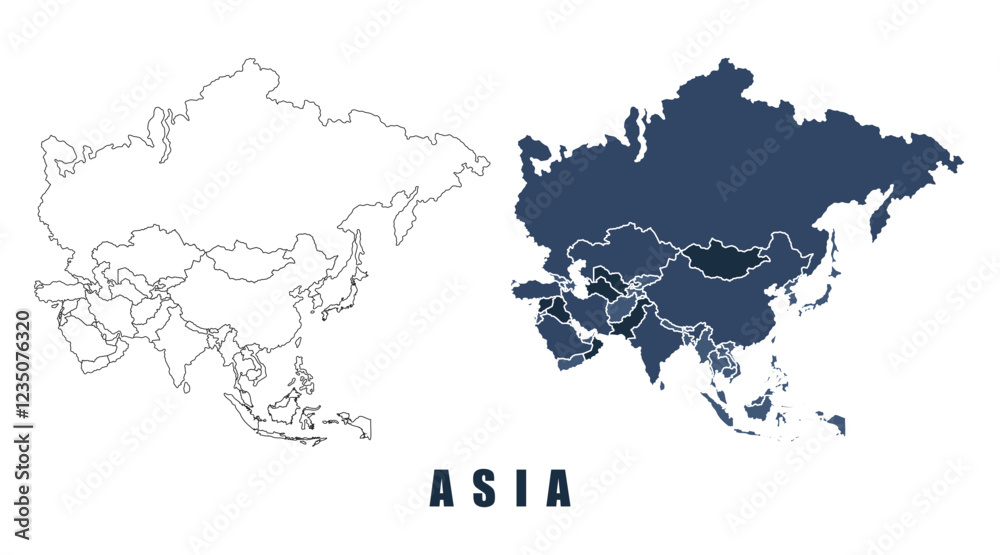 Obraz premium Asia map regions border outline vector set