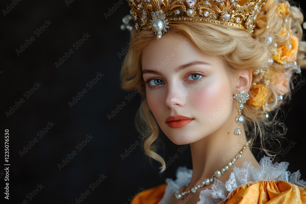 Fototapeta premium Princess wearing golden crown, pearl necklace and yellow roses posing for portrait