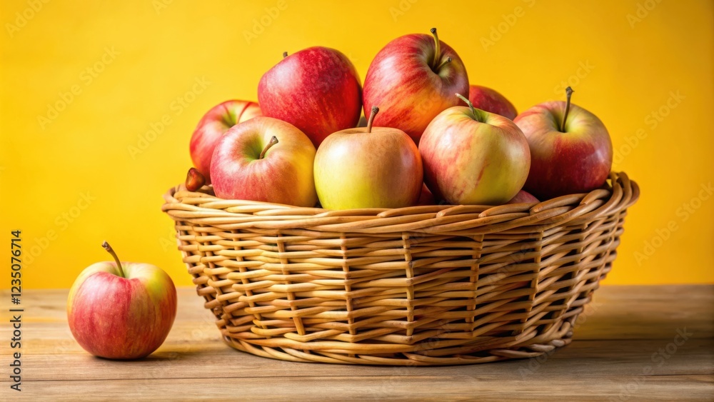 A wicker basket brimming with ripe, red apples, showcasing a delightful harvest of nature's bounty. A wicker basket brimming with ripe, red apples, showcasing a delightful harvest of nature's bounty.