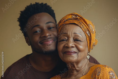 Young black man smiling while hugging his elderly grandmother in traditional clothing. Black History Month Concept