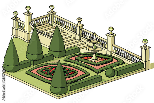 Ornate formal garden elements, topiary sculptures, manicured hedges, colorful flower beds, classical fountains, stone balustrades, cypress trees, spherical shrubs, lush landscaping, vibrant perennials