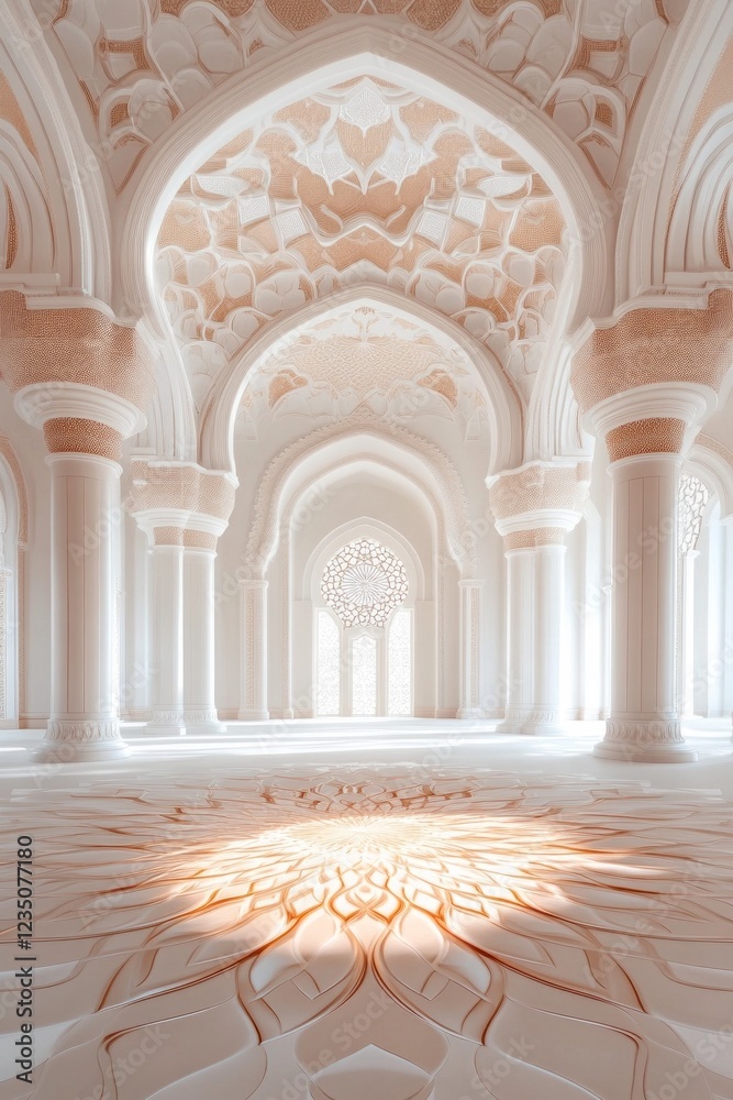 Obraz premium Serene, sunlit hall with intricate architectural muslim mosque details.