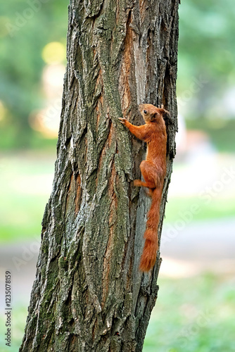 Obraz na płótnie Squirrel climbs a majestic tree in a sunlit park on a crisp autumn day w salonie