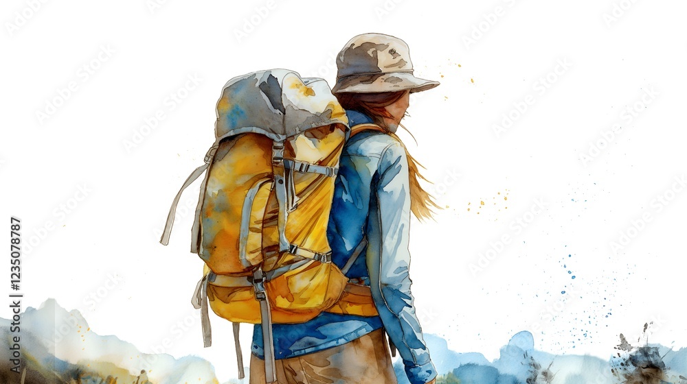 Fototapeta premium Stunning Watercolor Illustration of a Hiking Adventure in the Mountains, Perfect for Travel Blogs, Adventure Magazines, and Outdoor Gear Websites.