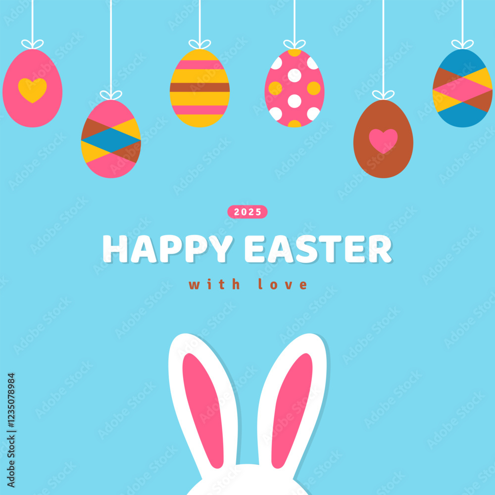 Poster with white Easter bunny ears silhouette, hanging colored eggs, blue background. Vector flat illustration. Holiday banner, flyer or greeting voucher, brochure design template. Place for text.