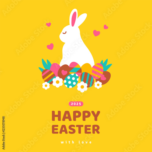 Poster with white Easter bunny silhouette, spring flowers and colored eggs. Vector flat illustration. Holiday banner, flyer or greeting voucher, brochure design template layout. Place for text.