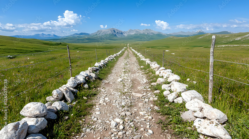 Fototapeta premium Mountain road, grassy plain, summer day, scenic view, travel