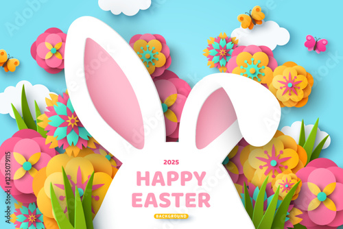 Poster with paper cut rabbit ears frame, flowers and spring grass, blue sky background, papercut craft art. Place for text. Happy Easter day sale concept, bunny cartoon cute banner