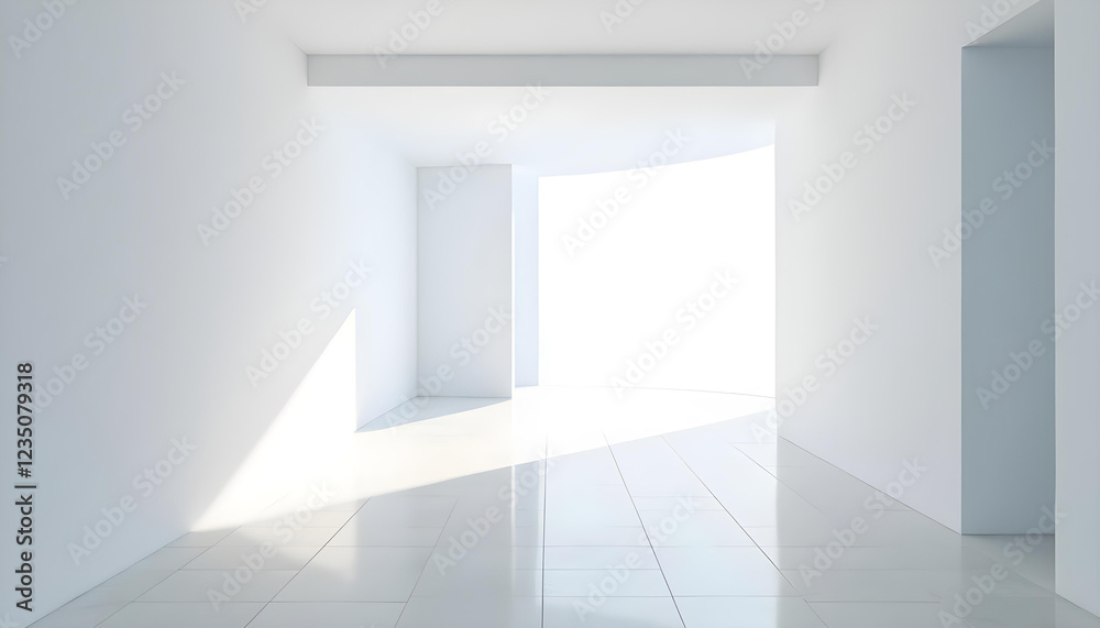 Obraz premium Pasillo moderno y minimalista con paredes blancas. Suelo blanco y brillante