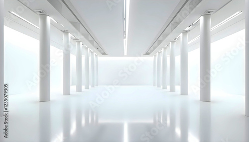 Sala moderna y minimalista de columnas y suelo brillante y blanco