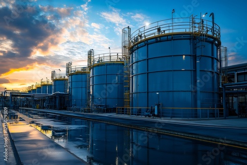 Water treatment plant reflecting on water at sunset