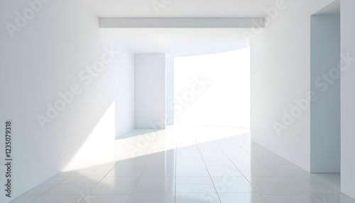 Pasillo moderno y minimalista con paredes blancas. Suelo blanco y brillante