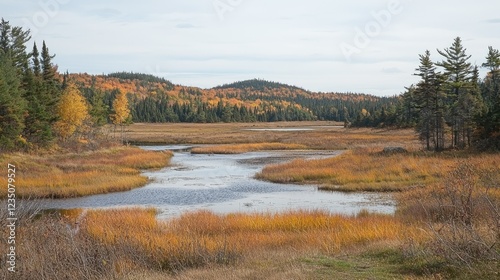 Autumnal Wetland Landscape With Winding Creek And Hillside Forest