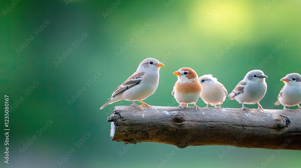 Obraz premium group of birds perched on log in tranquil forest surrounded by green foliage