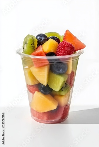 Realistic photograph of a complete fresh fruit salad in a plastic cup, isolated on a white background with a solid, stark white color backdrop.