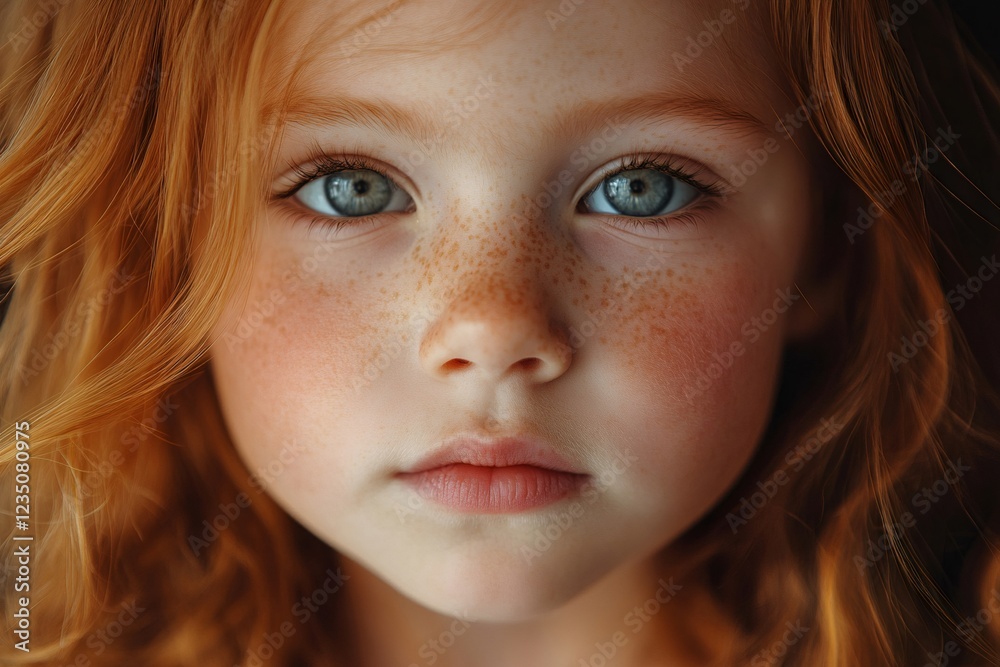 Portrait of redhead child with freckles and blue eyes showing innocence Portrait of redhead child with freckles and blue eyes showing innocence