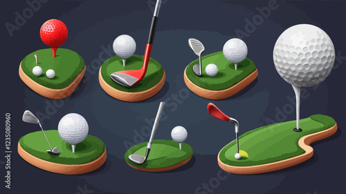 Bulk golf club set. Set of realistic vector images. Swing, hit, practice. The object is in different positions. Sports icons for golf club website. Drawings for bus service application