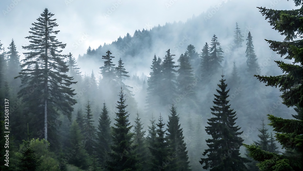 Fototapeta premium Misty Forest with Tall Trees and Fog – Enchanting and Mysterious Nature Scene