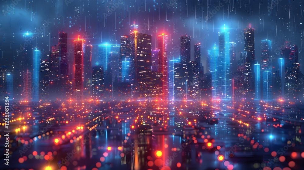 Futuristic Glowing Neon Cityscape at Night with Illuminated Skyscrapers and Bustling Urban Landscape Futuristic Glowing Neon Cityscape at Night with Illuminated Skyscrapers and Bustling Urban Landscape
