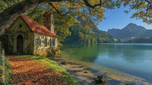 Stone Chapel by Autumn Lake and Mountains