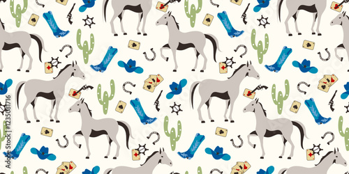 Cowboy wild west seamless pattern with hat, horse, boots, sheriff badge, revolver, playing cards, horseshoe and cactus. Cute hand drawing illustration for packaging, wrapping paper or textile design