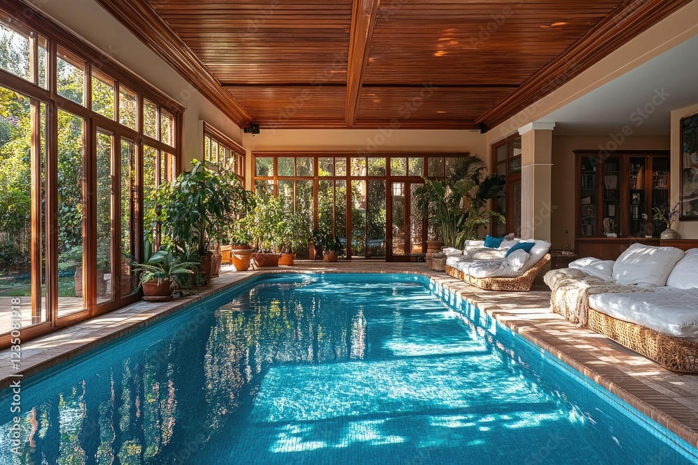 Indoor swimming pool with deck chairs and large windows overlooking garden