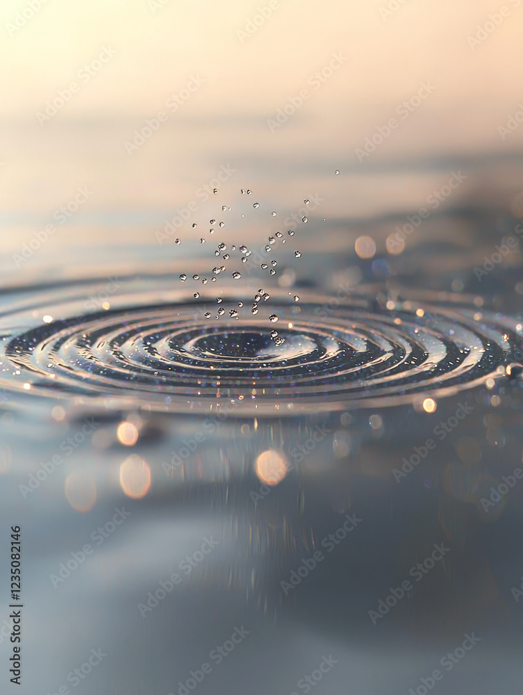 Water droplet impact, ripple effect, serene surface. Water droplet impact, ripple effect, serene surface.