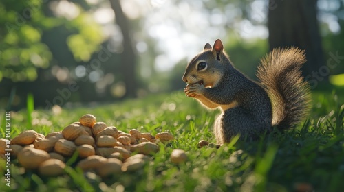 Squirrel eating peanuts in park sunlight