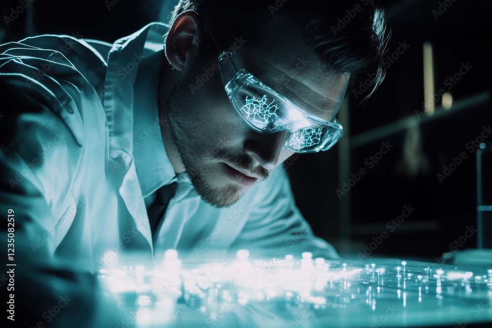 Fototapeta premium Scientist examines glowing circuit board in laboratory during late night research session