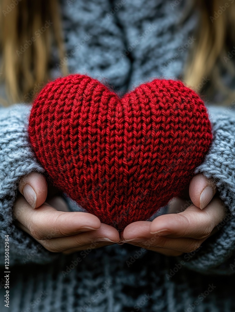 Woman holding knitted red heart, showing love and affection Woman holding knitted red heart, showing love and affection
