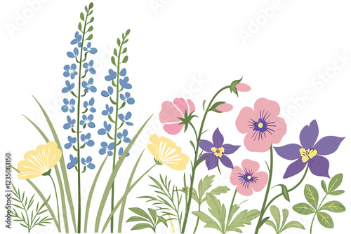 Watercolor garden illustration, vibrant wildflowers, delicate petals, blue delphiniums, pink hollyhocks, yellow pansies, purple lavender, botanical art, soft pastel colors, white background, detailed 
