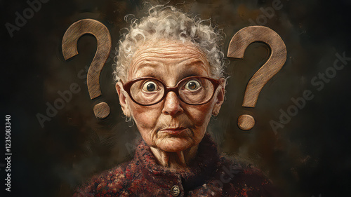 Confused old nanny with big question mark, senior woman thinking problem solution.