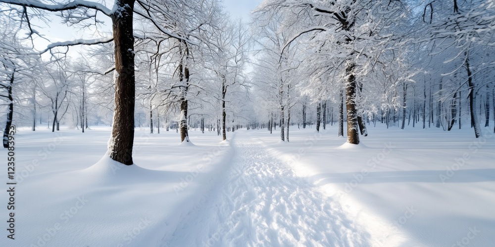 Obraz premium Sunlit Winter Path Through Snowy Forest