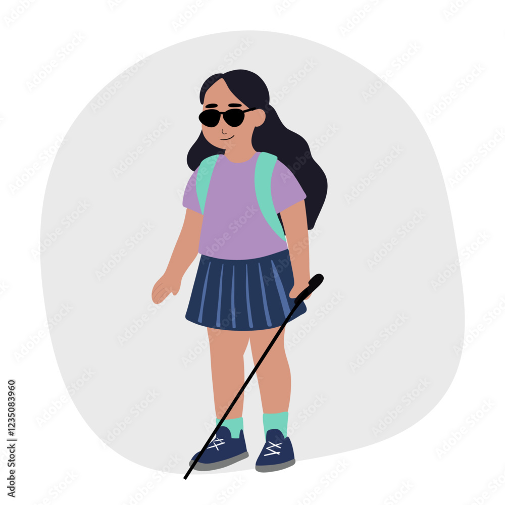 Blind little girl with stick guide walking outside Blind little girl with stick guide walking outside